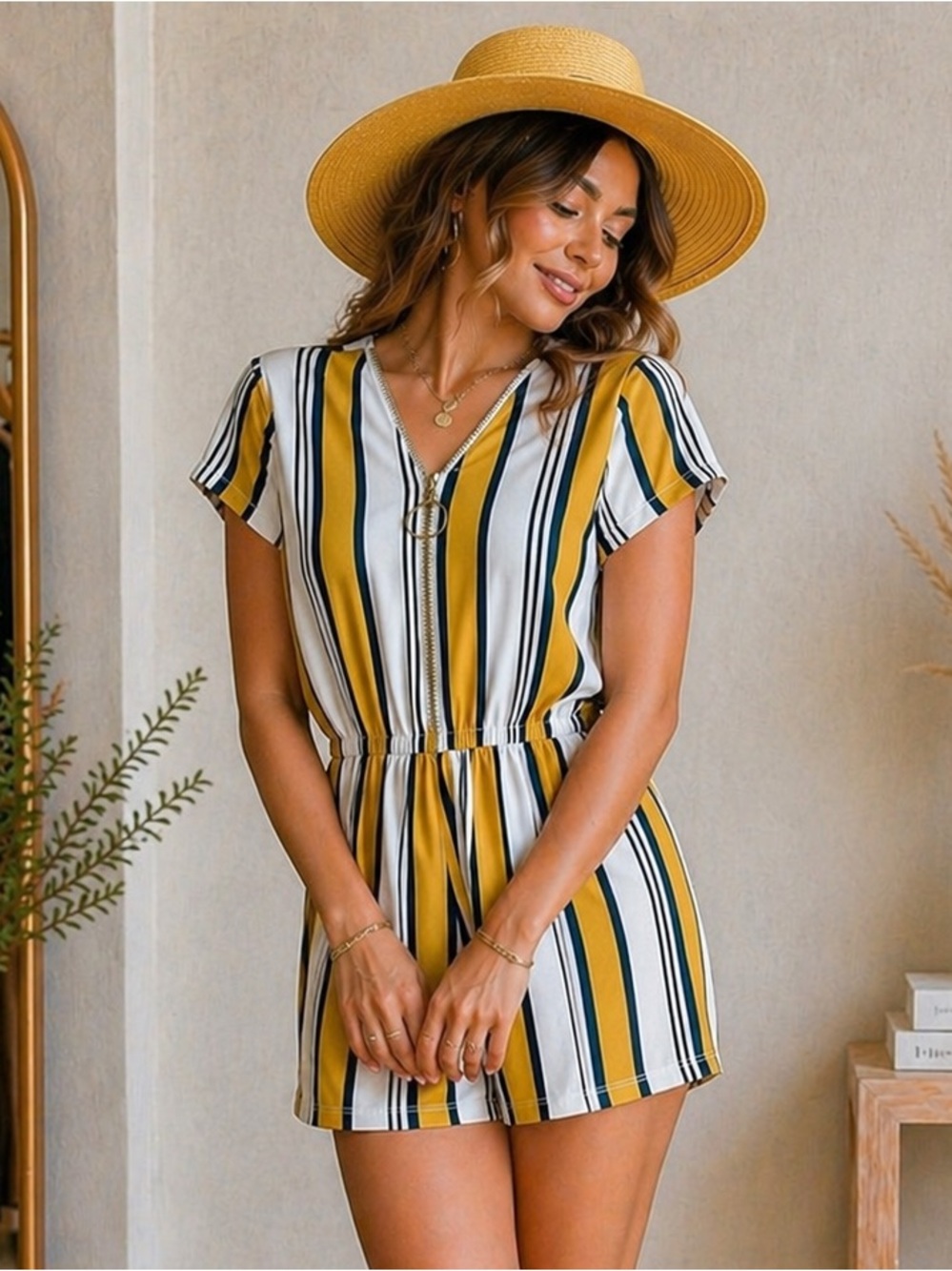🔥5/$35🔥 Mustard Yellow Striped V Neck Zip Up Romper | J for Justify | Size Small